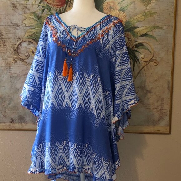 Sz M Kalypso 7 Blue & White Ombre Print Beach Coverup with Orange Embroi… - Picture 5 of 17